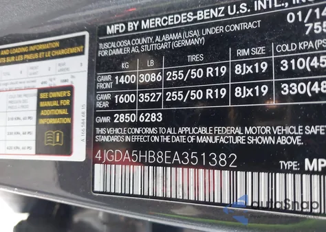 2014 Mercedes-Benz Ml 350 4Matic from USA, damaged, VIN 4JGDA5HB8EA351382